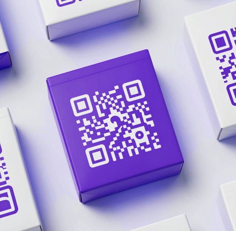 Overhead flat-lay of modern retail packaging featuring a custom purple QR code, sharp focus, crisp studio light with subtle blue ambient backlighting, premium brand aesthetic