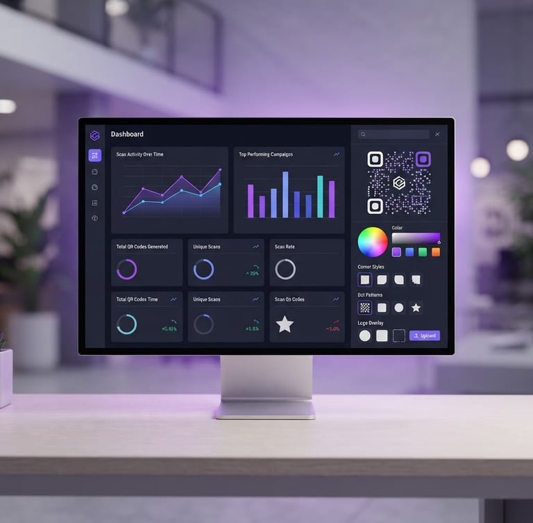Crisp product photography of a modern SaaS dashboard on a sleek monitor, displaying QR code generation metrics and vector customization options, clean studio light with purple ambient glow, 50mm, sharp focus
