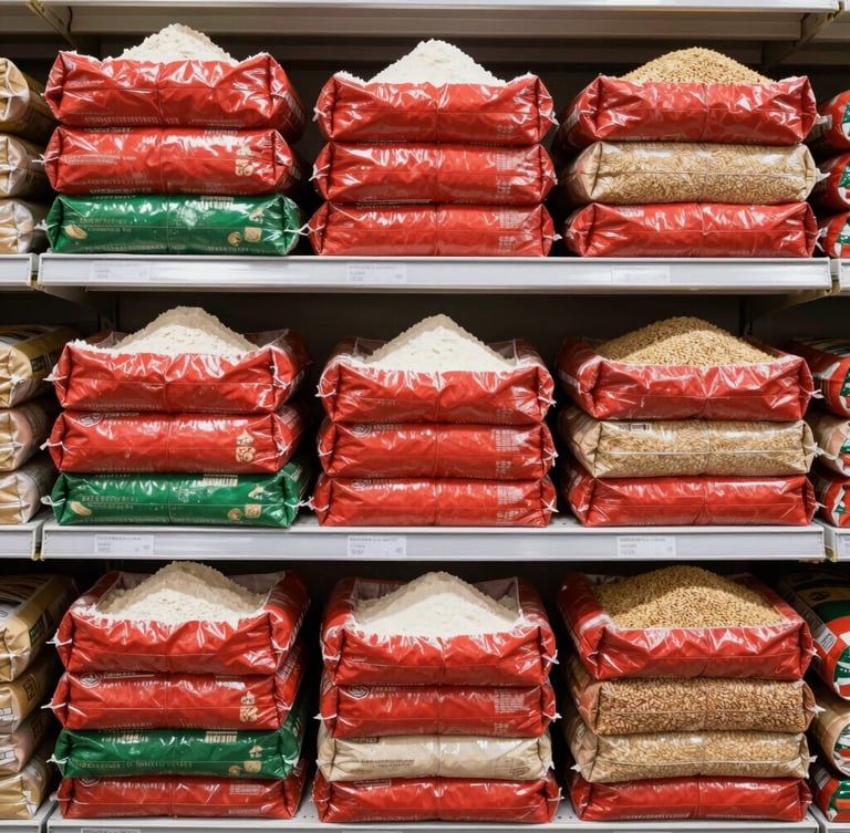 Straight-on eye-level shot of neatly aligned grocery shelves stacked with large uniform sacks of flour and grains, bright commercial lighting, rich crimson tones.