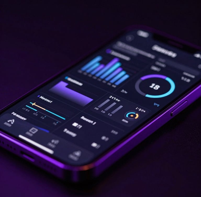 Extreme close-up of a modern smartphone displaying complex analytics charts, moody low-key studio lighting with electric violet rim light, dark tech photography