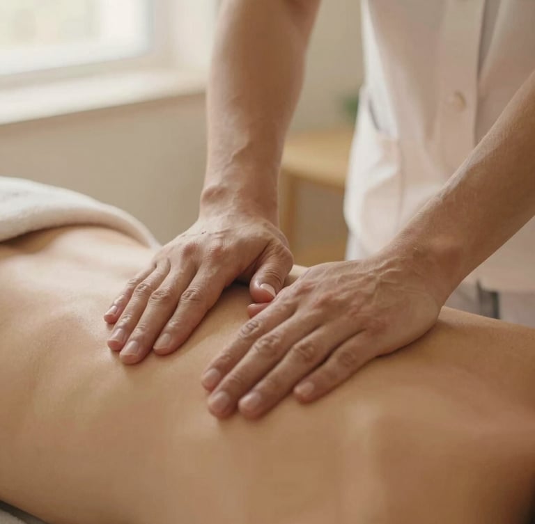 Close-up of professional therapist's hands applying precise therapeutic pressure on a client's back, soft ambient lighting, warm sand tones, shallow depth of field.