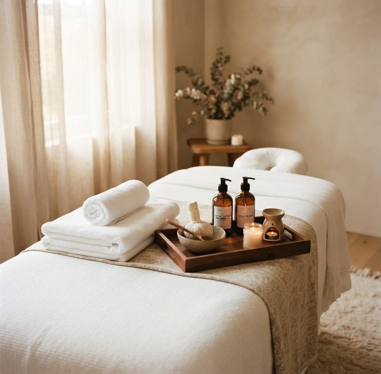 Elegant home interior prepared for a premium massage session, folded pristine white towels, high-end oils on a sleek wooden tray, warm diffused window light filtering through sheer curtains, shallow depth of field, 35mm