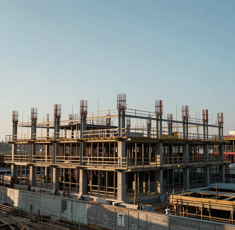 A wide, structured architectural perspective of an active construction site under cool morning light, steel framing visible against a clean sky, no people.