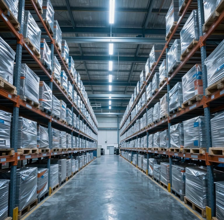 Ultra-wide environmental shot of a high-density automated warehouse, cool blue and white LED lighting, sharp metallic structures, no people.
