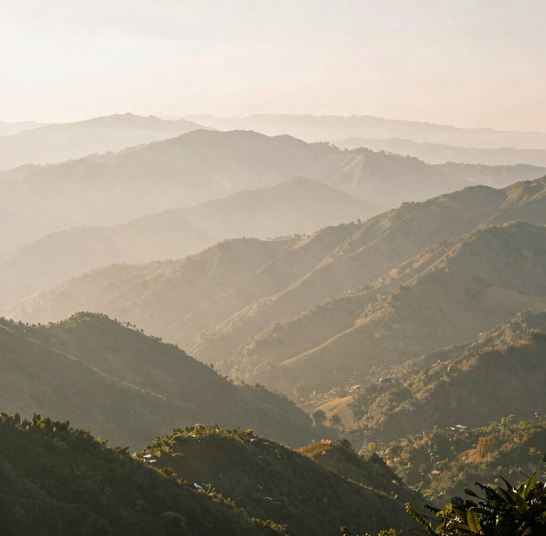 Wide panoramic view of misty mountain ranges in northern Vietnam at sunrise, deep perspective, soft morning light, 35mm film style.