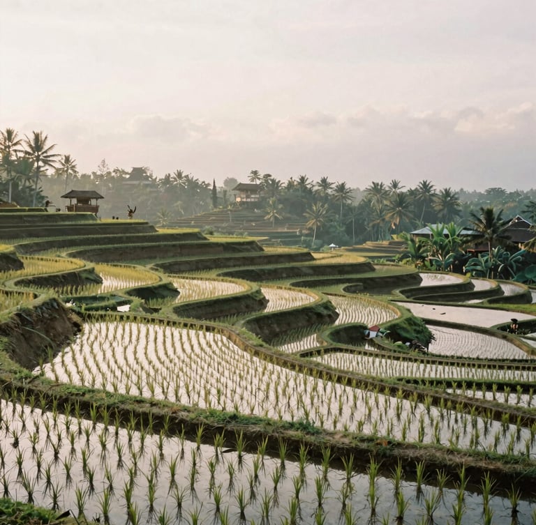 Terraced rice fields in Bali at golden hour, soft natural diffused daylight, deep perspective, serene atmosphere, 35mm film.