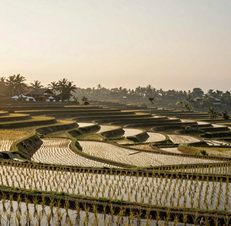 Serene terraced rice fields in Bali at golden hour, deep perspective, soft warm light, quiet atmosphere, 35mm film.