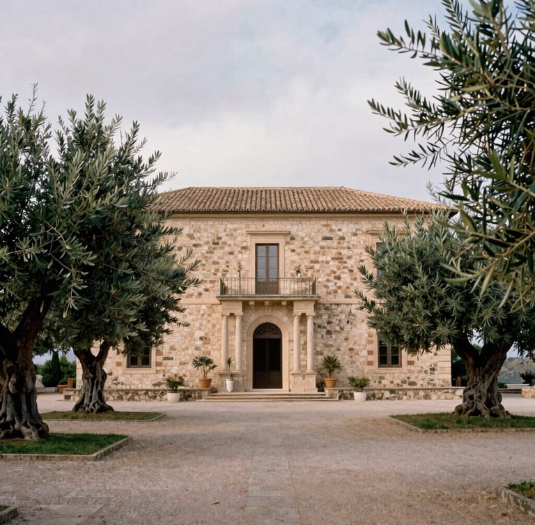 A historic Sicilian stone villa surrounded by winter olive trees under soft, diffused overcast daylight, cinematic 35mm photography.