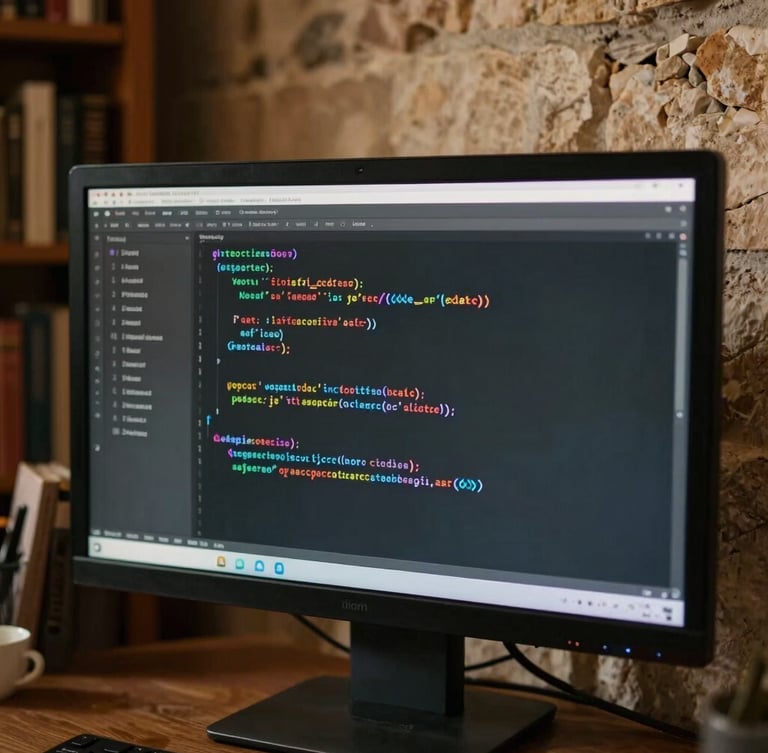 Close-up of clean code on a warm-lit monitor inside a rustic stone library, soft shadows, intellectual focus, cinematic 35mm.