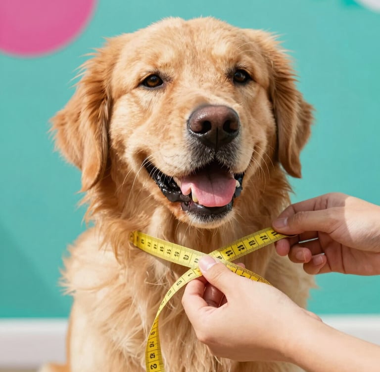 Close-up of hands measuring a happy golden retriever with a soft yellow tape measure, warm natural daylight, teal background details