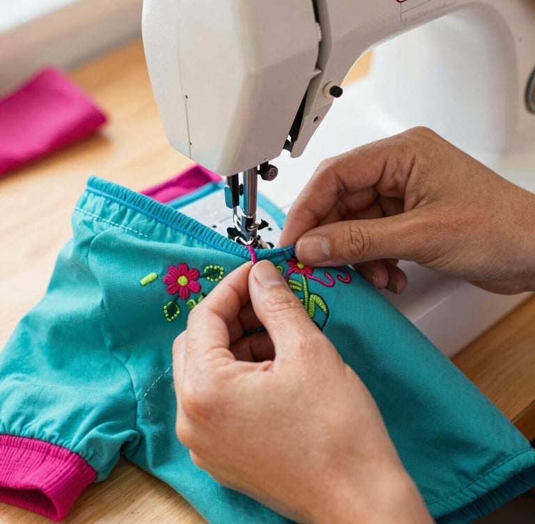 Close-up of hands carefully stitching a vibrant teal pet shirt with colorful embroidery, sewing machine visible in a warm, sunlit workshop in Guanajuato.