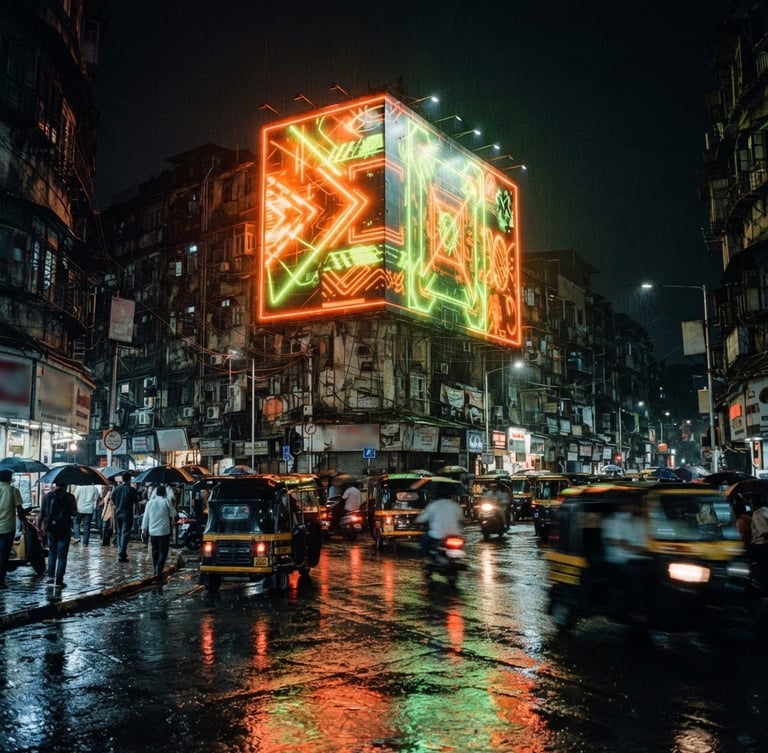 Cinematic wide-angle night photograph of a massive neon-lit billboard in Mumbai, glowing with electric orange and lime green light, reflecting on wet asphalt, 35mm film grain.