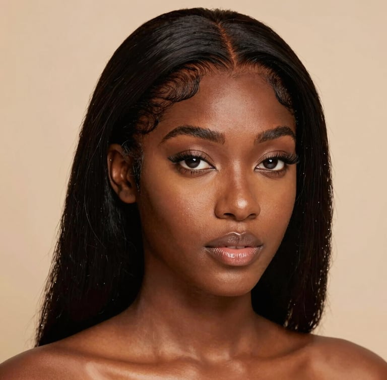 Editorial portrait of a Black model wearing a flawless HD lace wig, warm studio lighting, beige background