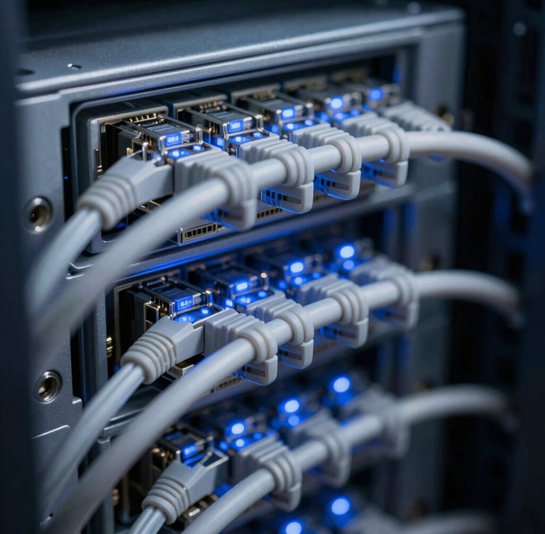 Macro close-up of pristine industrial cable routing inside a server rack, neatly organized ethernet cables glowing with subtle blue LED indicators, metallic gray chassis, cool high-contrast technical lighting, sharp focus, 50mm