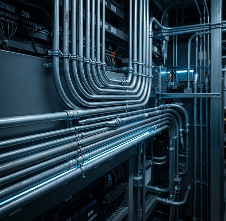 Macro photograph of perfectly routed industrial electrical conduit, sharp metallic gray pipes, parallel lines, cool blue neon highlight, high contrast engineering precision, 50mm
