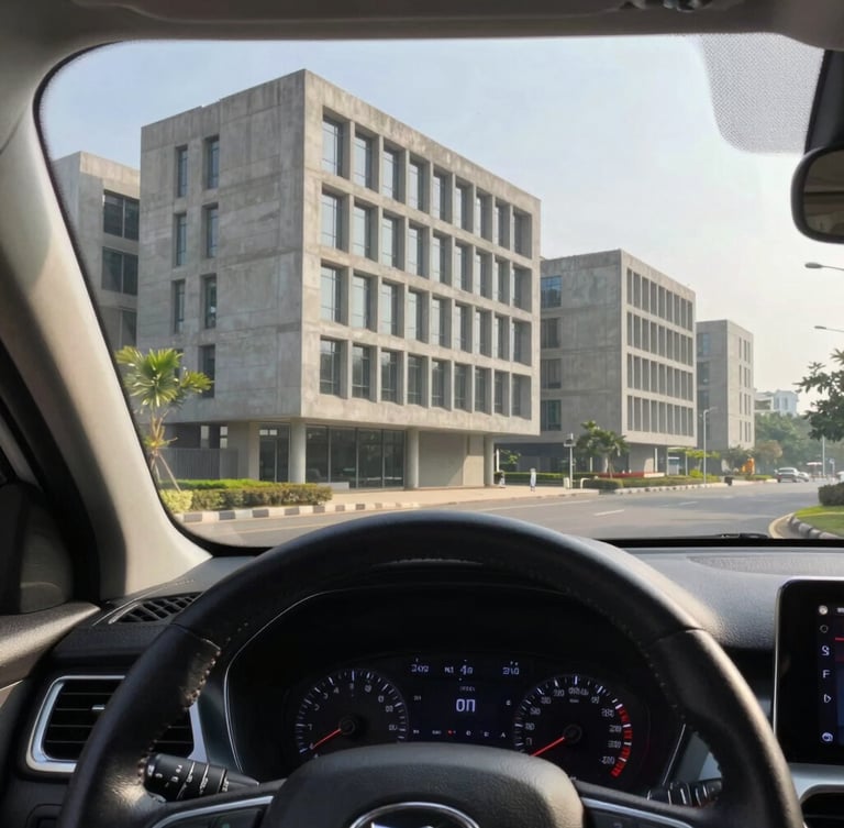 First-person driver-seat perspective of a clean SUV steering wheel, looking out at the modern concrete architecture of a Bangalore tech park in bright morning light