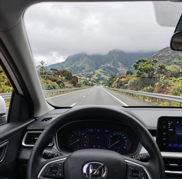 First-person driver perspective from a clean modern sedan dashboard looking out onto a scenic highway toward the Western Ghats, bright overcast daylight