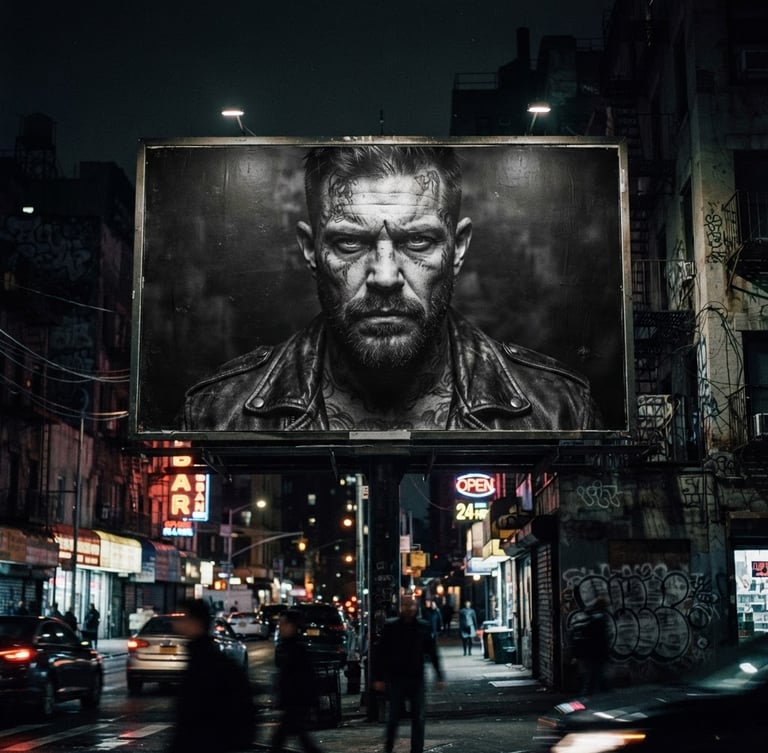 Harsh direct flash photography of a massive street billboard mockup in a gritty urban environment at night, dramatic shadows, 35mm film grain