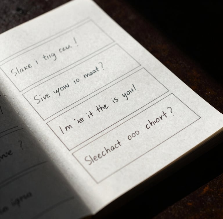 Extreme close-up of handwritten creative storyboards on a dark desk, harsh direct flash, heavy shadows, gritty 35mm film texture.