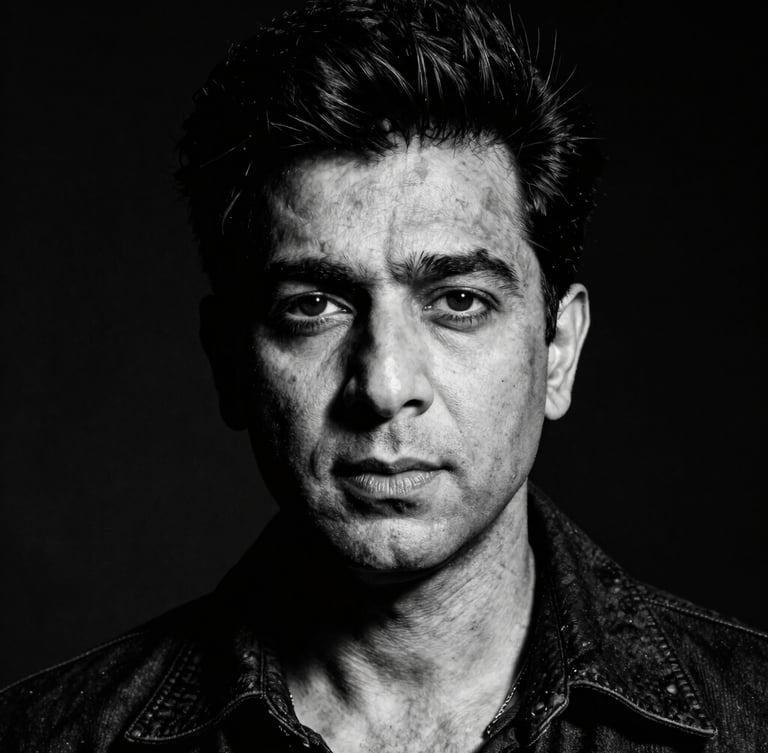 High-contrast black-and-white portrait of Vijay Rajput, harsh direct flash, deep shadows, gritty editorial texture, 35mm film.