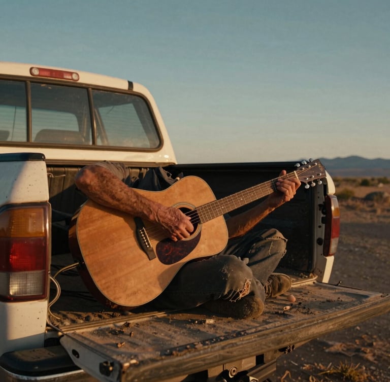 Cinematic wide shot of a guitarist's hands calloused and worn, playing a weathered acoustic guitar on the tailgate of a dusty pickup truck at golden hour sunset