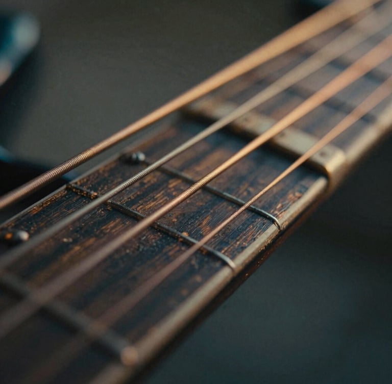 Extreme macro close-up of worn metal guitar strings over a weathered dark wood fretboard, warm golden light catching the copper windings, shallow depth of field.