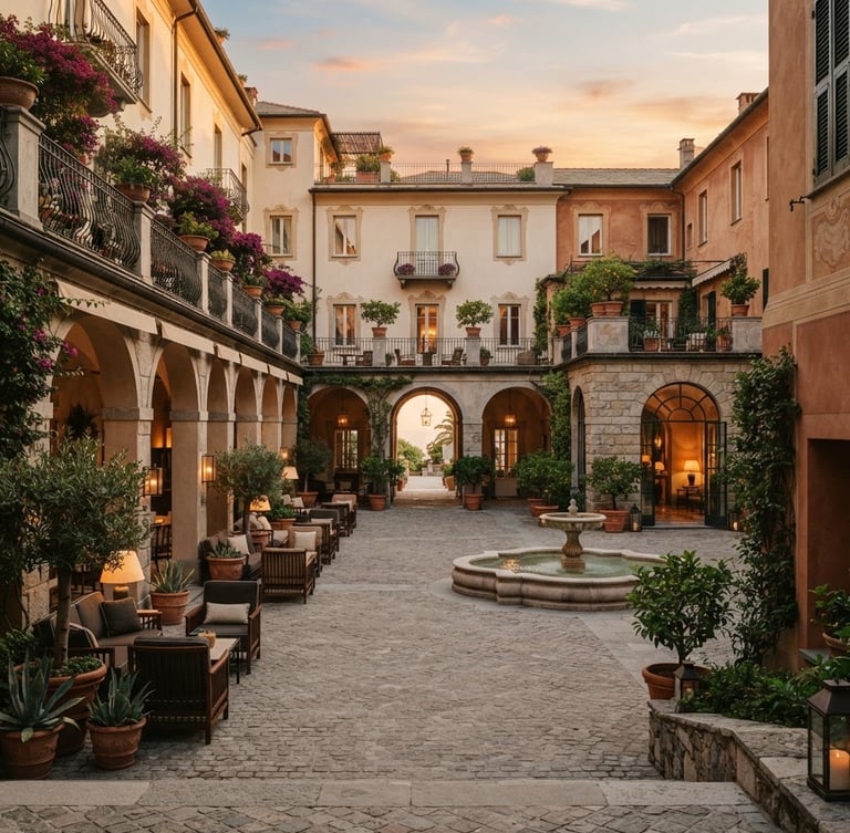 Wide shot of a serene, empty luxury hotel courtyard at golden hour, intricate architectural details, soft shadows, warm light, editorial luxury travel photography.