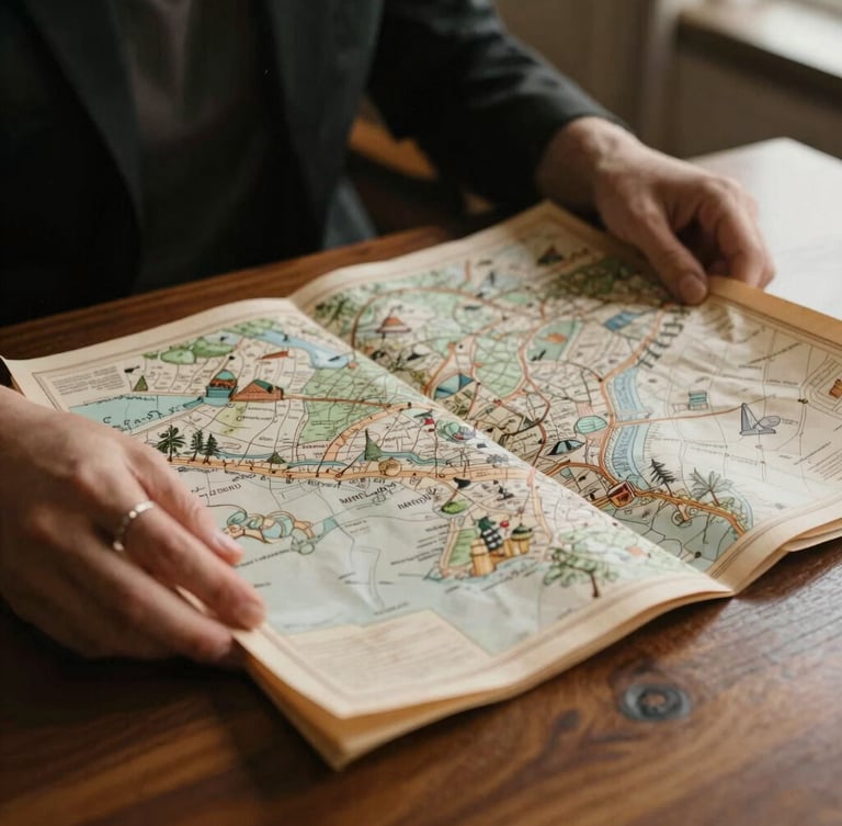 Intimate close-up of elegant hands, one wearing a subtle ring, gently holding a vintage, detailed paper map spread open on a polished wooden table, soft natural light, rich muted tones.