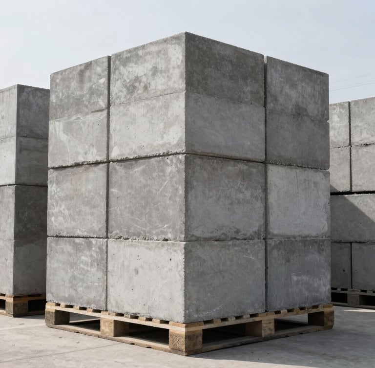 Low-angle heroic shot of stacked concrete blocks on pallets in a massive industrial yard, sharp focus, high-contrast daylight, 35mm lens