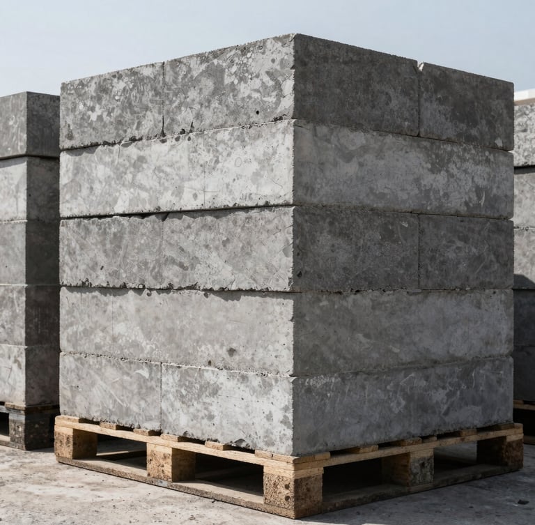 Low-angle heroic shot of stacked concrete blocks on pallets in a sunny Morelia yard, high-contrast daylight, sharp focus on concrete texture.