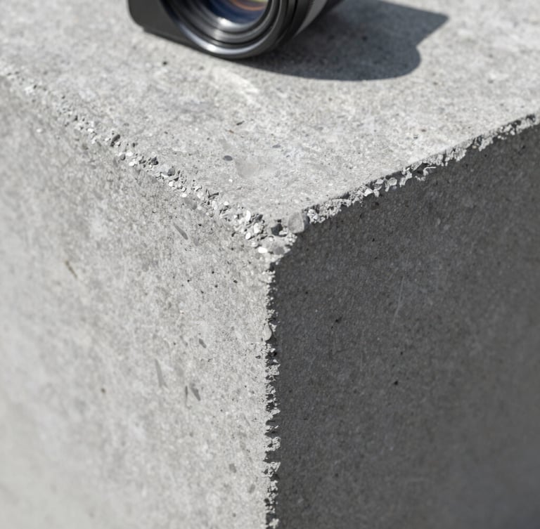 Macro close-up of a custom-engineered concrete precast piece showing dense aggregate texture, sharp industrial daylight, 35mm lens.