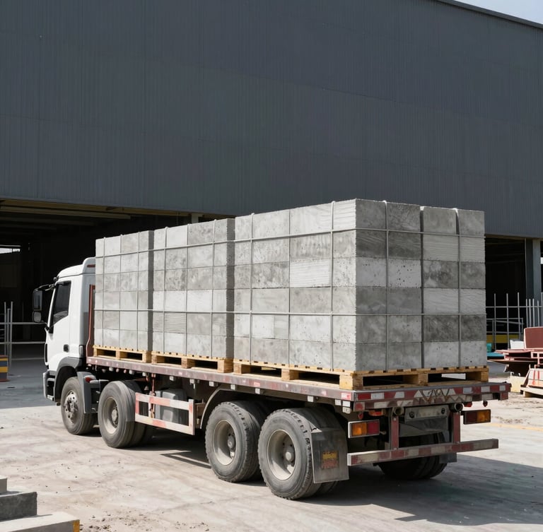 A heavy flatbed truck loaded with neatly strapped pallets of concrete blocks entering a large active construction site, high-contrast daylight, industrial photography