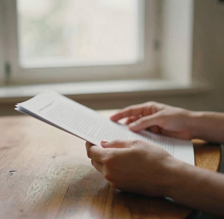 A close-up of hands gently holding a document over a wooden table, soft morning window light, warm editorial photography, 35mm