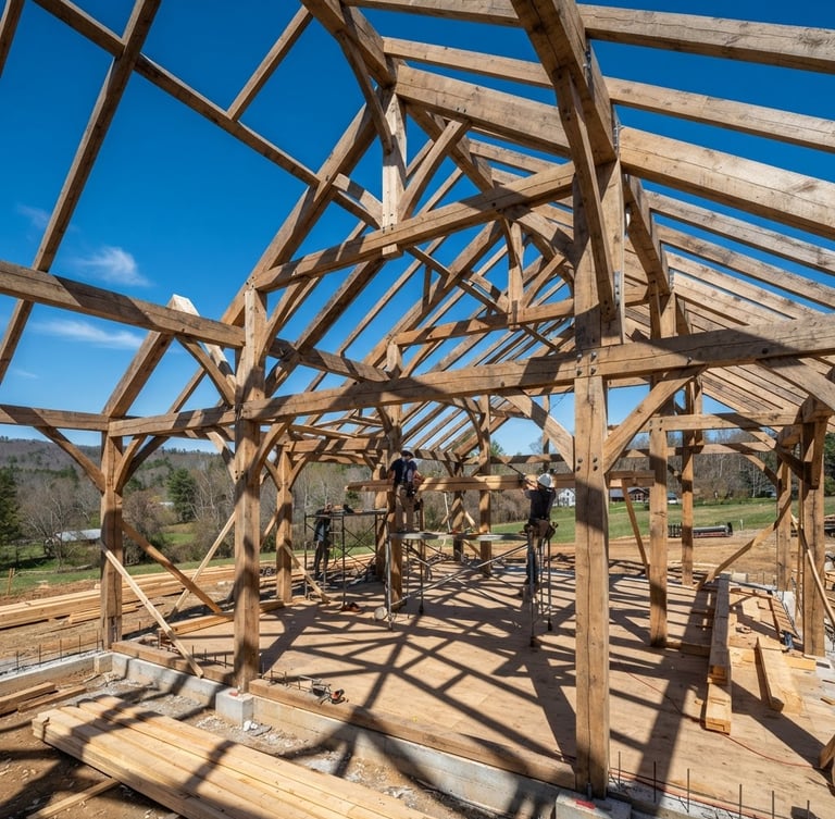 Wide-angle shot of a timber frame structure under construction, sharp geometric shadows, clear blue sky, sunlit.