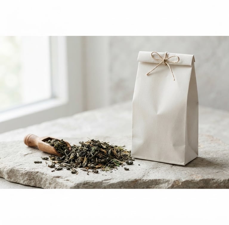 TRINOVA-branded tea packaging with loose dry tea leaves on a minimalist natural stone backdrop, bright natural window light, soft shadows, high detail, 50mm lens. Panoramic 21:9 frame, packaging to the right.