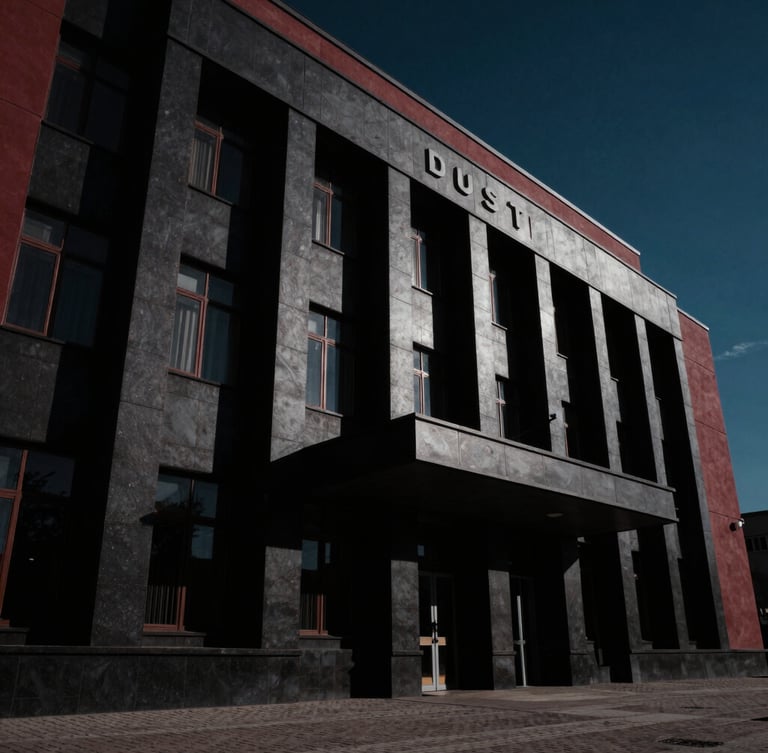 Low-angle dramatic architectural shot of a modern courthouse in Tula, sharp perspective, deep shadows, low-key lighting, high-contrast, cinematic editorial style.