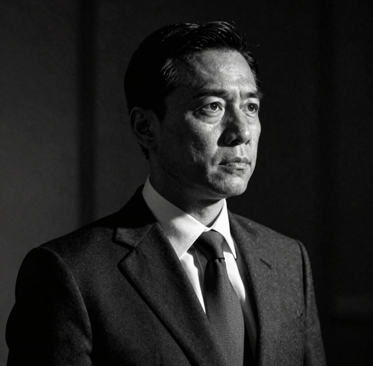 Dramatic low-key black and white portrait of a lead attorney in a tailored suit, looking resolute, sharp side lighting with deep executive shadows, cinematic 35mm