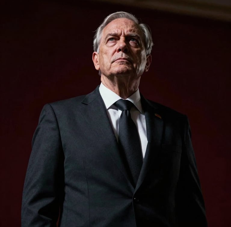 Low-angle dramatic portrait of a resolute senior defense attorney in a tailored dark suit, deep shadows, cinematic lighting, high-contrast, representing authority and discretion