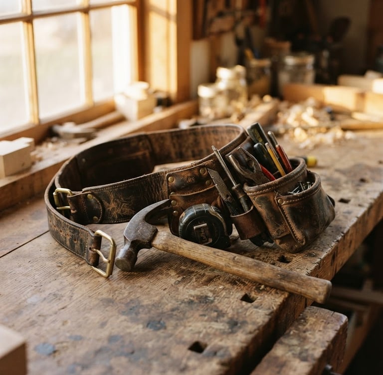 Warm editorial photography of a well-worn leather tool belt resting on a rustic wooden workbench, natural golden-hour daylight filtering through a window, shallow depth of field, 35mm film look.