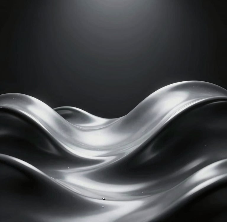 Extreme macro 3D render of liquid metal waves clashing with high-contrast studio spotlight, dark background, octane render, 8k
