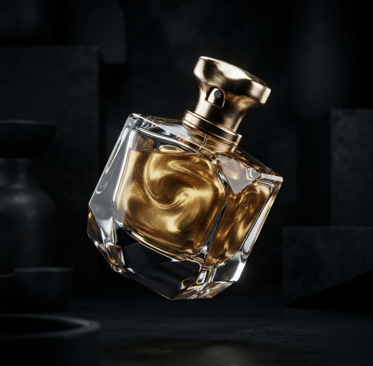 Sleek 3D render of a floating glass and liquid gold perfume bottle, dramatic high-contrast studio lighting, deep shadows, octane render, 8k