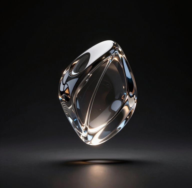 Sleek 3D render of a floating glass sculpture with internal liquid light, dramatic dark studio setting, high contrast chiaroscuro, deep shadows, octane render, 8k