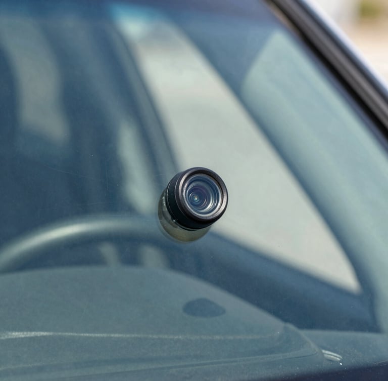Macro close-up of a high-end vehicle rearview mirror assembly showing the camera sensor lens flush against clean windshield glass, sharp focus, 35mm