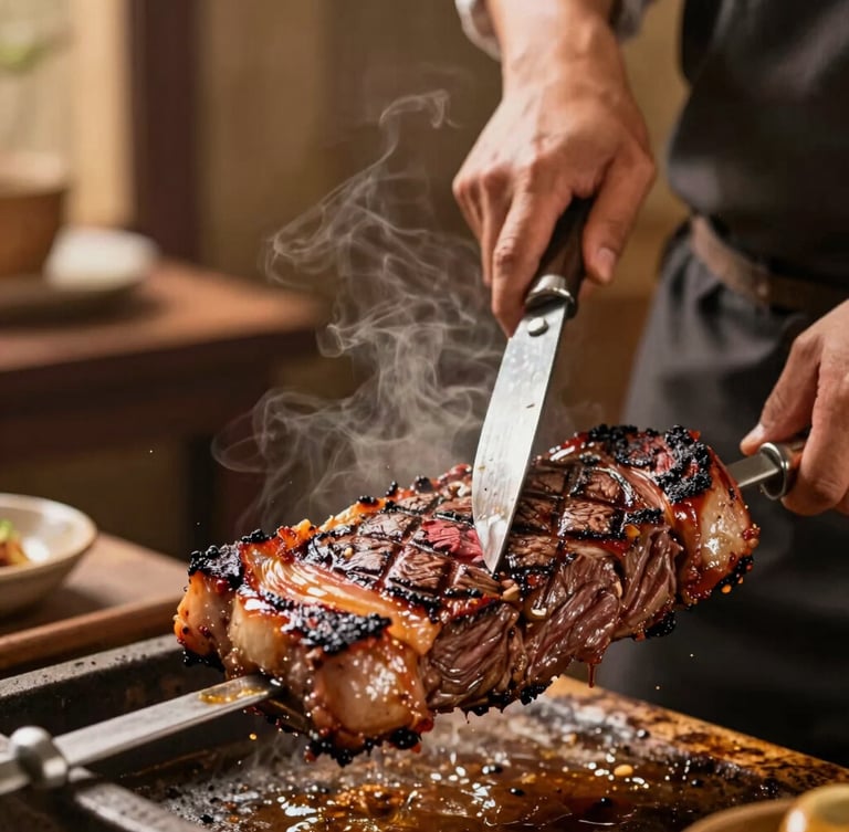 Close-up of a professional churrasqueiro slicing a perfectly grilled, juicy picanha steak from a large metal skewer, steam rising, warm rustic background, shallow depth of field
