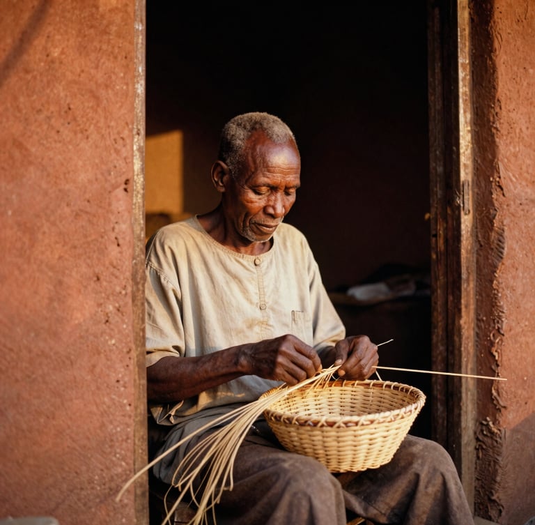 Candid portrait of an elder East African artisan weaving a traditional basket under the soft golden hour light of a workshop doorway, rich terracotta tones, high-contrast shadows, 35mm film texture.