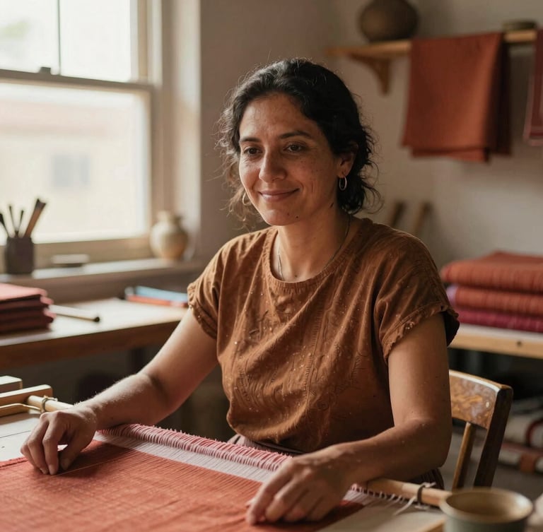 Candid environmental portrait of a local female artisan smiling softly, natural window light illuminating her face and her textile workshop, warm earth colors, authentic and respectful.