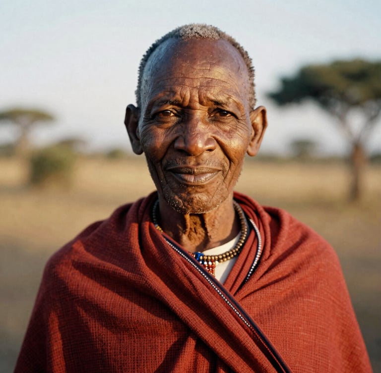 Candid close-up portrait of a Maasai elder smiling gently, warm golden-hour light highlighting the textures of his clothing, soft out-of-focus savanna background, 35mm film style