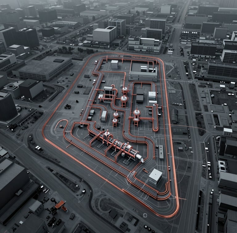 Technical engineering blueprint of a closed-loop cooling system overlaid on a terrain map of an industrial parcel, sharp copper-orange lines on a cool gray background
