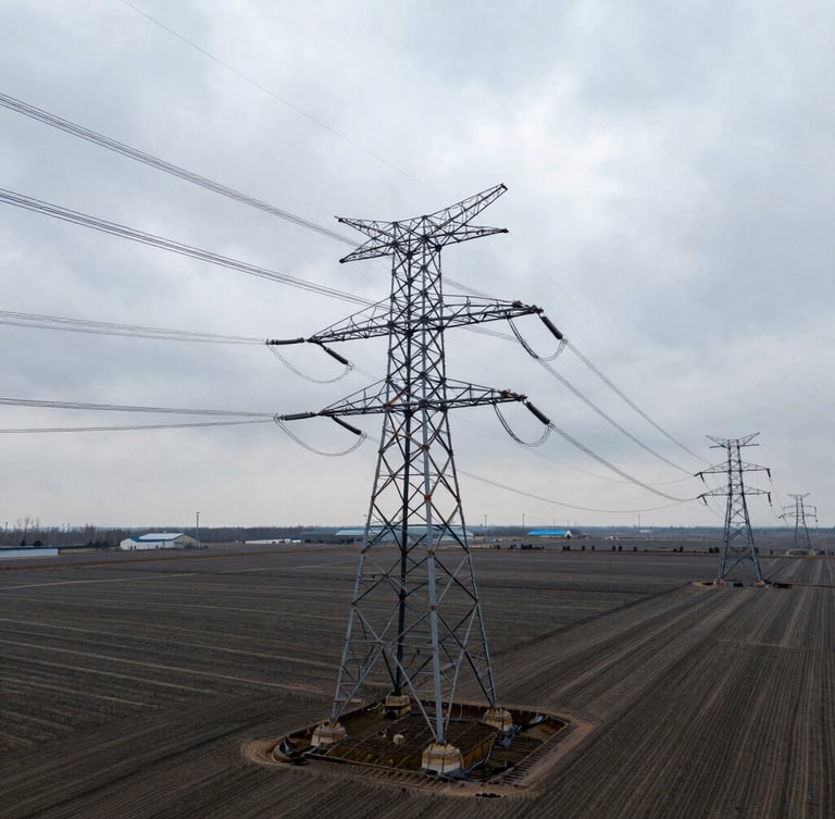 Low-angle heroic shot of high-voltage transmission towers cutting across a vast, flat, graded industrial parcel under a high-contrast overcast sky
