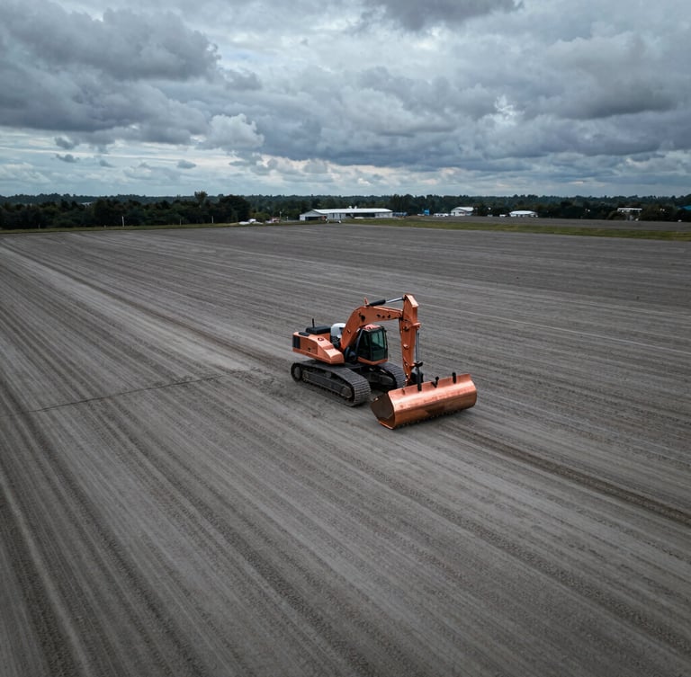 Aerial drone shot of a massive flat graded land parcel with heavy construction grading equipment visible, sharp copper accents, dramatic overcast daylight